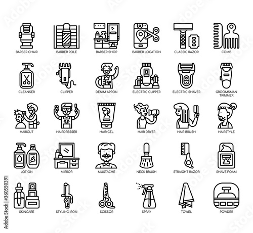 Set of barbershop thin line and pixel perfect icons for any web and app project.