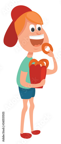 Man eating onion rings, illustration, vector on white background