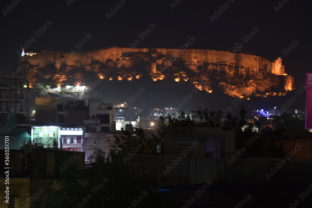 view of mehrangarh fort at night
