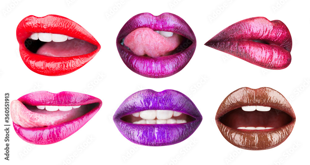 Obraz premium Colored lip, lipstick or lipgloss, sexy. Collection open mouth. Bright female lips collection isolated on white background. Set of womens lips with glossy lipsticks. Multicolored lip, tongue sexy