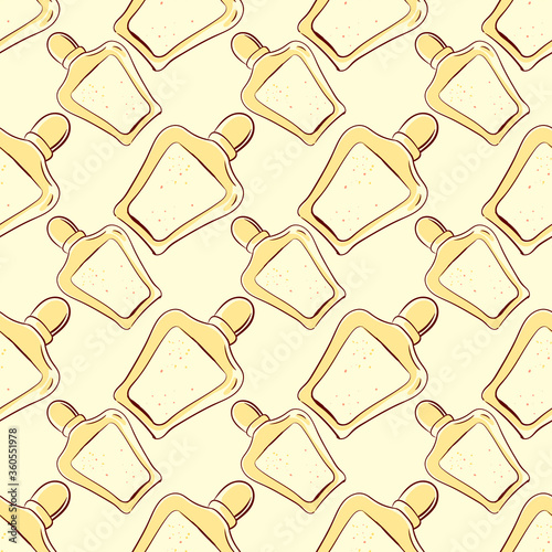 Perfume in bottle, seamless pattern on light background.