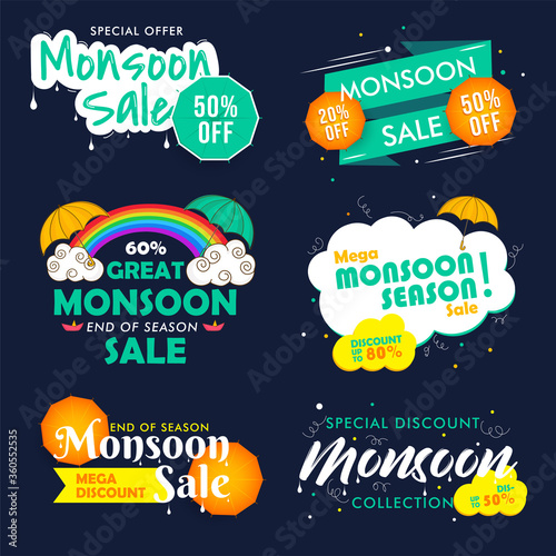 Happy Monsoon end of season sale emblems, badges set. Creative typography on Monsoon seasonal sale.