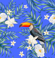 Deken met foto Orchidee patronen Beautiful seamless vector floral summer pattern with tropical palm leaves, parrot, exotic flowers. Exotic background for design, wallpapers, cover, print.  © Logunova  Elena