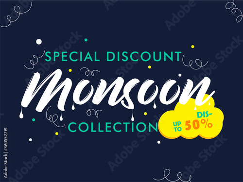 Creative typography on monsoon with monsoon special discount collection sale banner, poster, emblem,badges etc with minimal design.