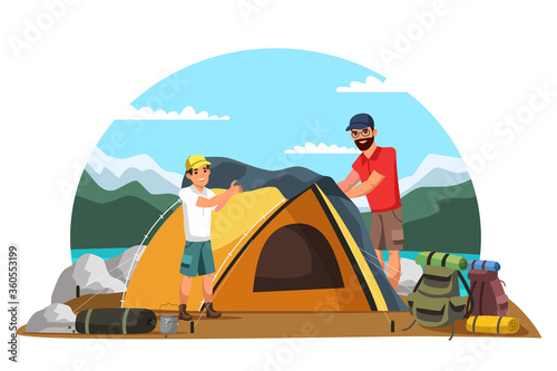 Vector characters father and son camping trip