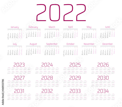 Simple calendar 2022 - 2033 on white background. Vector illustration