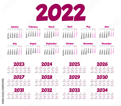 Simple calendar 2022 - 2033 on white background. Vector illustration