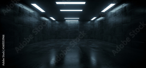 Dark Concrete Grunge Parking Underground Warehouse Reflective Glossy Garage Showroom Showcase Tunnel Corridor Sci Fi Futuristic Modern Background 3D Rendering