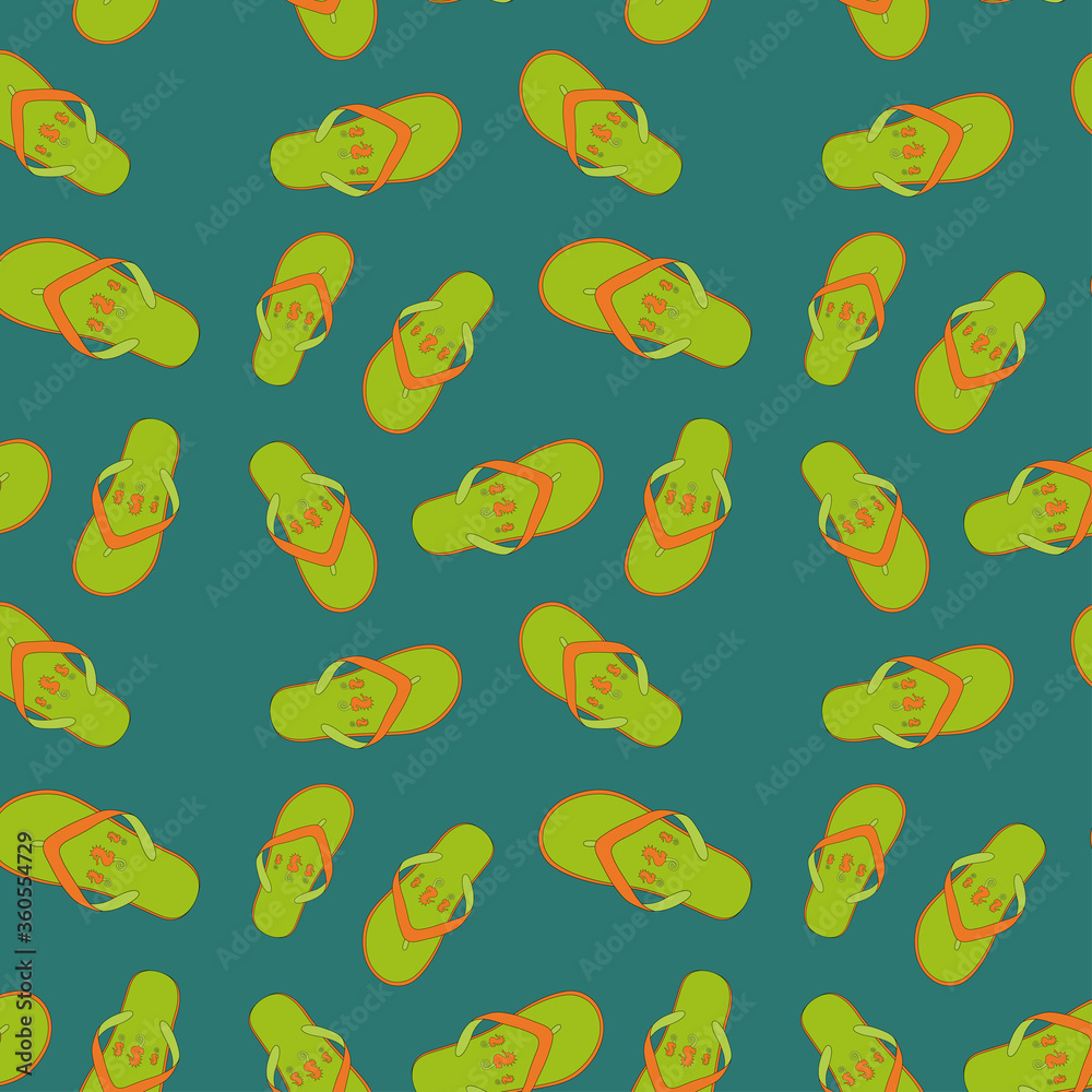 Seamless pattern flip flops green-orange with a pattern of seahorses for everyday walking, for the pool, for going to the beach, for hot weather vector illustration collection Seamless pattern flip flops green-orange with a pattern of seahorses for everyday walking, for the pool, for going to the beach, for hot weather vector illustration collection