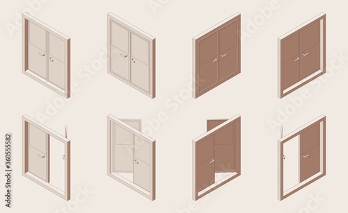 Isometric outline set of closed and open double doors