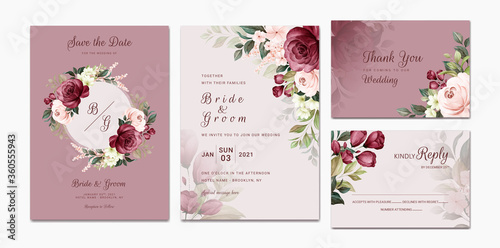 Elegant wedding invitation template set with burgundy and peach watercolor floral frame and border decoration. Botanic illustration for card composition design