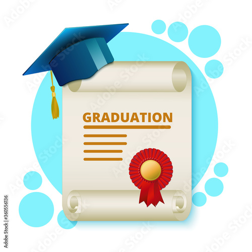graduation diploma in the form of a scroll with an academic cap on a white background, EPS 10