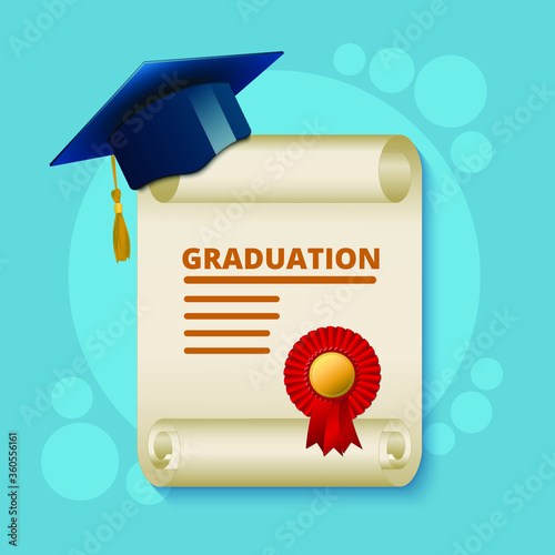 graduation diploma in the form of a scroll with an academic cap on a blue background