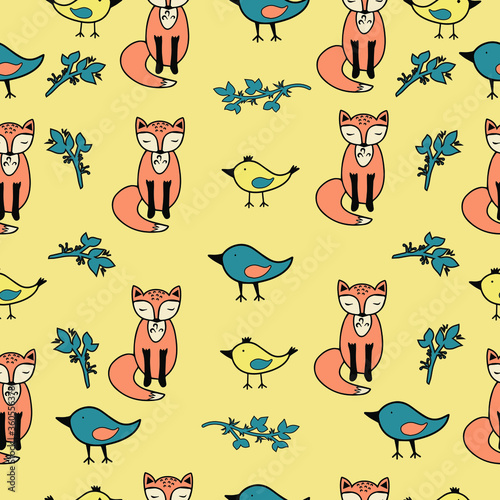 A pattern with a fox  birds  leaves for wrapping paper  textile  fabric  illustration  vector  kids interior design
