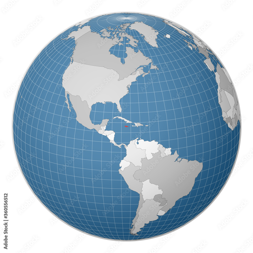 Fototapeta premium Globe centered to Jamaica. Country highlighted with green color on world map. Satellite world projection. Cool vector illustration.