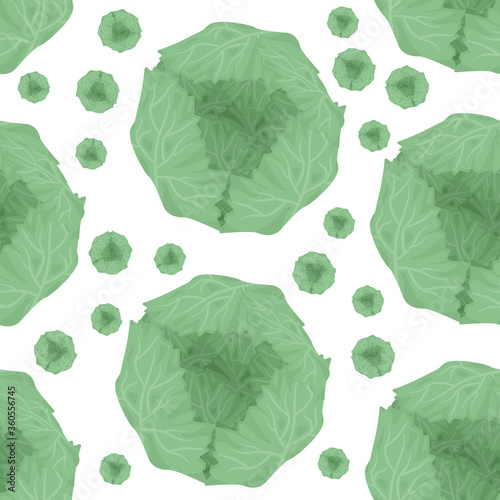 Seamless pattern with cabbage on a white background. Vector illustration of fresh vegetables in cartoon simple flat style for background, wallpaper, wrapper.