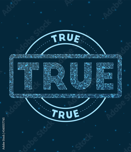 Glowing round badge. Network style geometric TRUE stamp in space. Vector illustration.