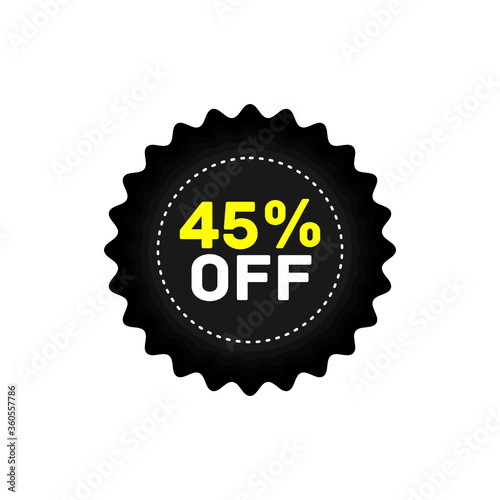 45% off discount sticker, sale black tag isolated vector illustration. Discount offer price label,symbol for advertising campaign in retail, sale promo marketing.Sale banner template