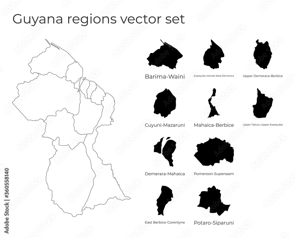 Guyana map with shapes of regions. Blank vector map of the country with regions. Borders of the country for your infographic. Vector illustration. Guyana map with shapes of regions. Blank vector map of the country with regions. Borders of the country for your infographic. Vector illustration.