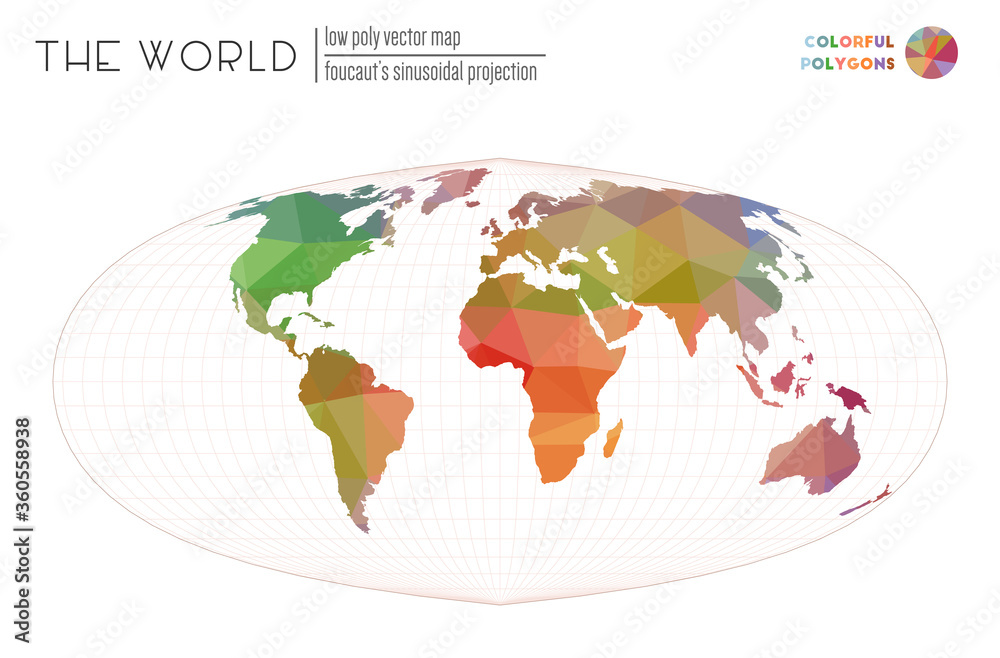 Abstract world map. Foucault's sinusoidal projection of the world. Colorful colored polygons. Trending vector illustration. Abstract world map. Foucault's sinusoidal projection of the world. Colorful colored polygons. Trending vector illustration.