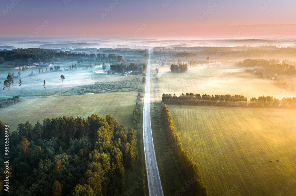 Highway going through meadow in mist surrounded by forest. Aerial view over picturesque landscape in fog at sunrise.