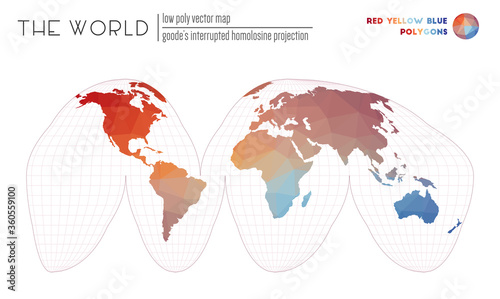 World map with vibrant triangles. Goode's interrupted homolosine projection of the world. Red Yellow Blue colored polygons. Creative vector illustration. photo