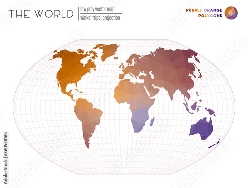 World map in polygonal style. Winkel tripel projection of the world. Purple and orange colored polygons. Awesome vector illustration.
