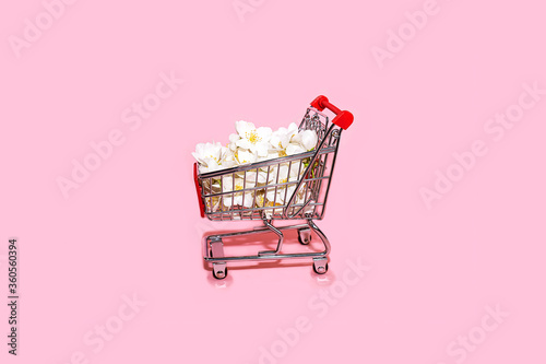 Shopping trolley on pastel pink background with copy space.