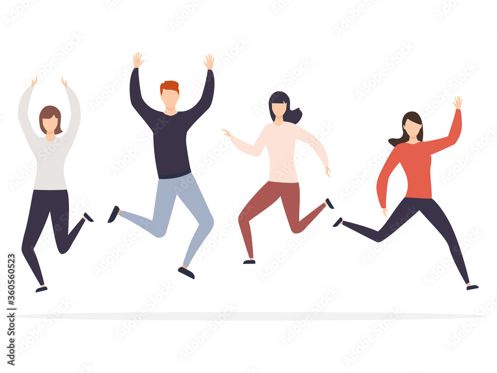 Group of happy jumping man and women with raised hands vector illustration isolated on white background. Young coworkers team celebrating victory and success.