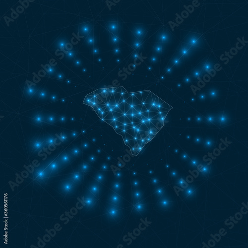 South Carolina digital map. Glowing rays radiating from the US state. Network connections and telecommunication design. Vector illustration.