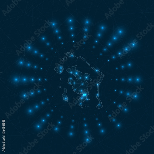 Bora Bora digital map. Glowing rays radiating from the island. Network connections and telecommunication design. Vector illustration.