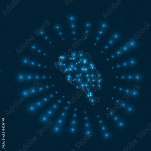 Colon Island digital map. Glowing rays radiating from the island. Network connections and telecommunication design. Vector illustration.