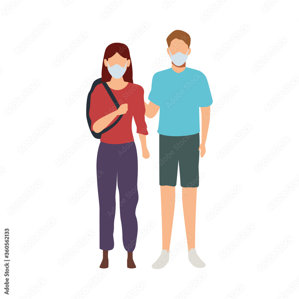 young couple wearing medical mask characters