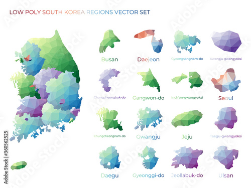 South Korean low poly regions. Polygonal map of South Korea with regions. Geometric maps for your design. Authentic vector illustration.