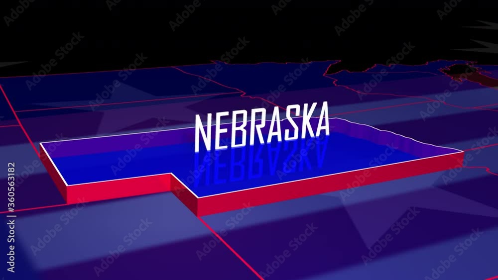 Graphic fly into Nebraska on colorful animated map of the United States of America. StockVideo