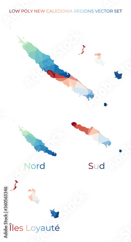 New Caledonian low poly regions. Polygonal map of New Caledonia with regions. Geometric maps for your design. Charming vector illustration.