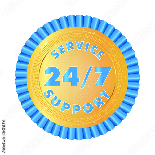 Twenty four hour service badge. Award rosette gold and blue color. Stock vector illustration on white isolated background.