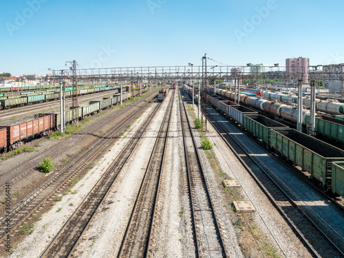 Railway station, carriages, train cars,  tanks, empty rails, free space. © Kagiroff