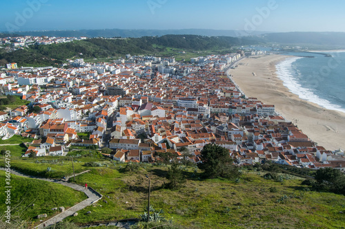 Nazaré beach seen from the Suberco viewpoint, in Portugal. Beautiful panoramic view of the city of Nazaré