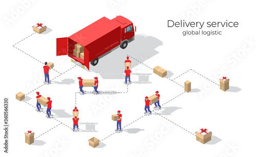 Isometric big set of delivery man in uniform holding boxes in different poses and protection masks. Vector collection delivery service workers. Fast delivery van. Isometric Logistics icons
