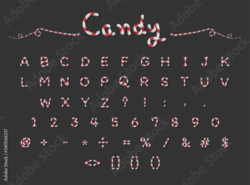 Candy Cane alphabet capital letter font design with red and white stripes