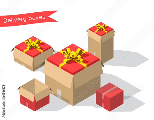 Carton gift boxes delivery packaging open and closed box with bows. Vector isometric cardboard box mockup set