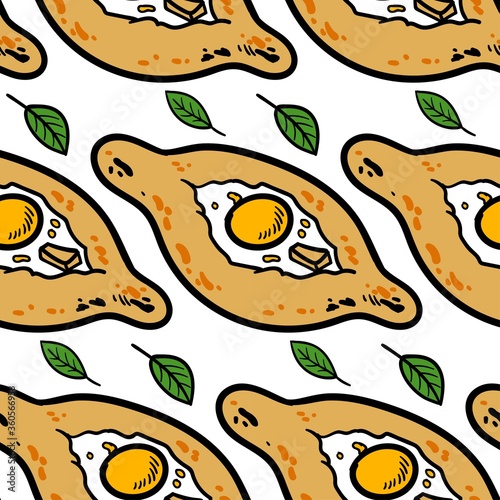 Hand drawn seamless pattern with khachapuri. Vector sketch illustration isolated on white background