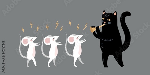 The mouse Whisperer. Mouse charmer. The cat plays a pipe. Funny magic vector illustration. Enchanted mice character.