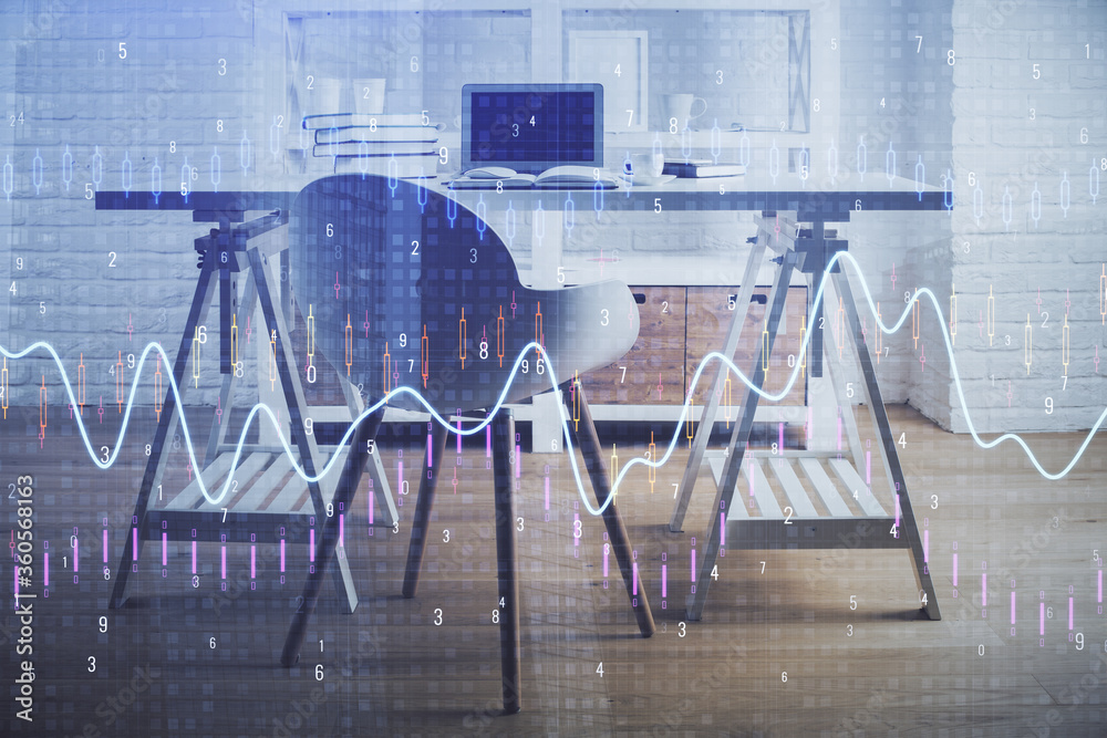 Double exposure of financial graph drawing and office interior background. Concept of stock market.