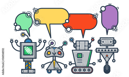 Kawaii smiling robots with speech bubbles. Isolated trendy flat cartoon characters. Voice support service chat bots
