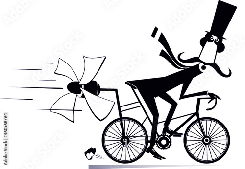 Long mustache man in the top hat rides on the bicycle illustration. Cartoon mustache man in the top hat rides on the bicycle and tries to ride faster using a propeller black on white 