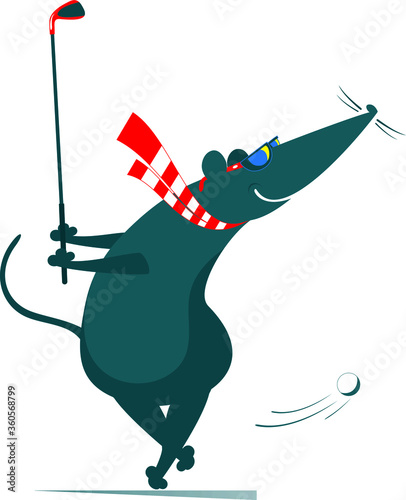 Cartoon rat or mouse plays golf illustration. Funny rat or mouse tries to do a good kick isolated on white 
