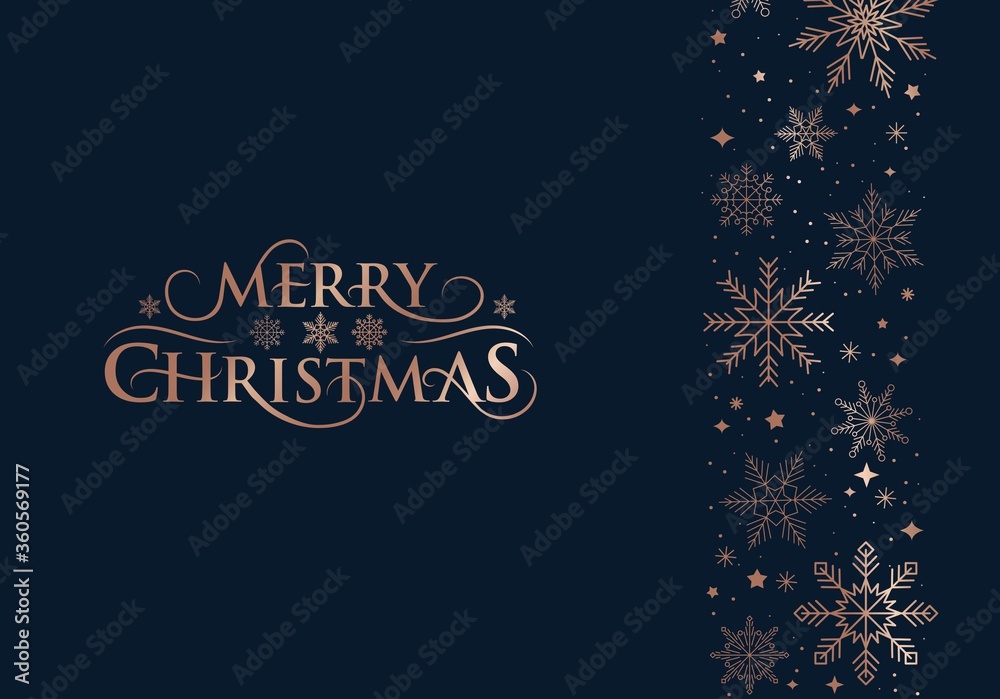 Merry Christmas elegant greeting card. Xmas luxury design template for wallpaper, greeting card, banner, invitation. Christmas rose gold snowflakes icons on navy blue background. Vector illustration Merry Christmas elegant greeting card. Xmas luxury design template for wallpaper, greeting card, banner, invitation. Christmas rose gold snowflakes icons on navy blue background. Vector illustration