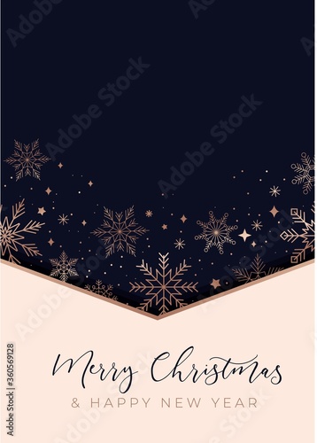 Merry Christmas greeting card with rose gold snowflakes, navy blue and beige colors. Elegant and luxury Christmas template for banner, invitation, greeting card etc. Premium design vector illustration